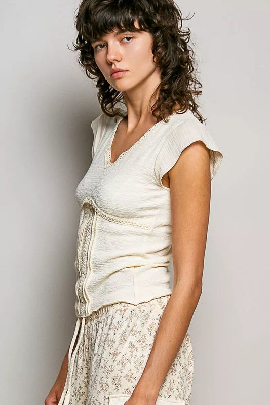 POL V-Neck Lightweight Textured Short Sleeve Knit Top with Lace Trim - 3