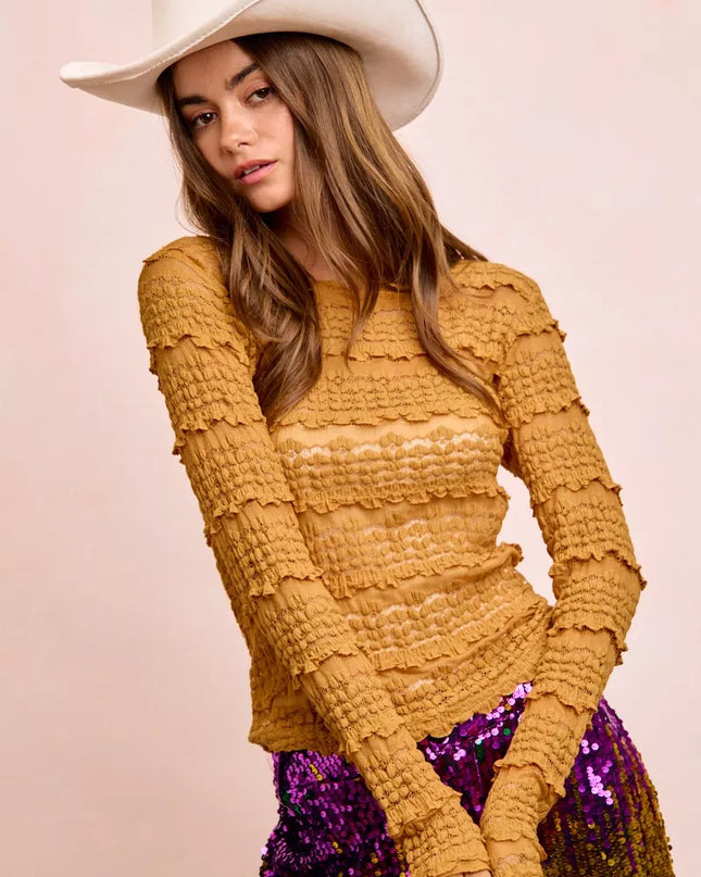 BiBi Ruffles Detail Mardi Gras Color Flower Lace Top - Sleekdenim.com