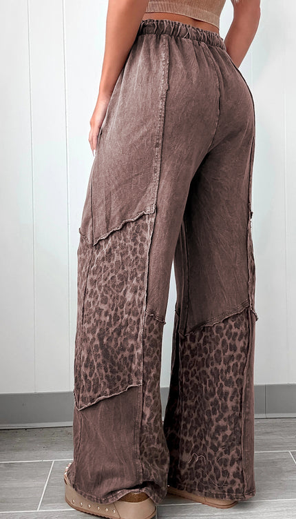 Coffee Mineral Wash Leopard Patchwork Loose Pants - Sleekdenim.com