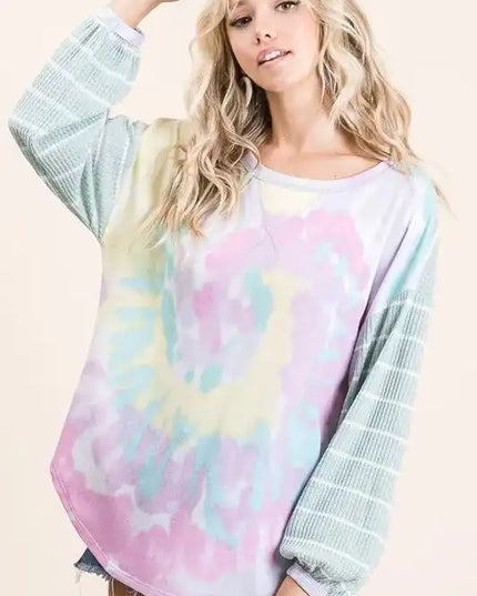 BiBi Tie Dye Terry Top with Wide Stripe Thermal Waffle - Sleekdenim.com