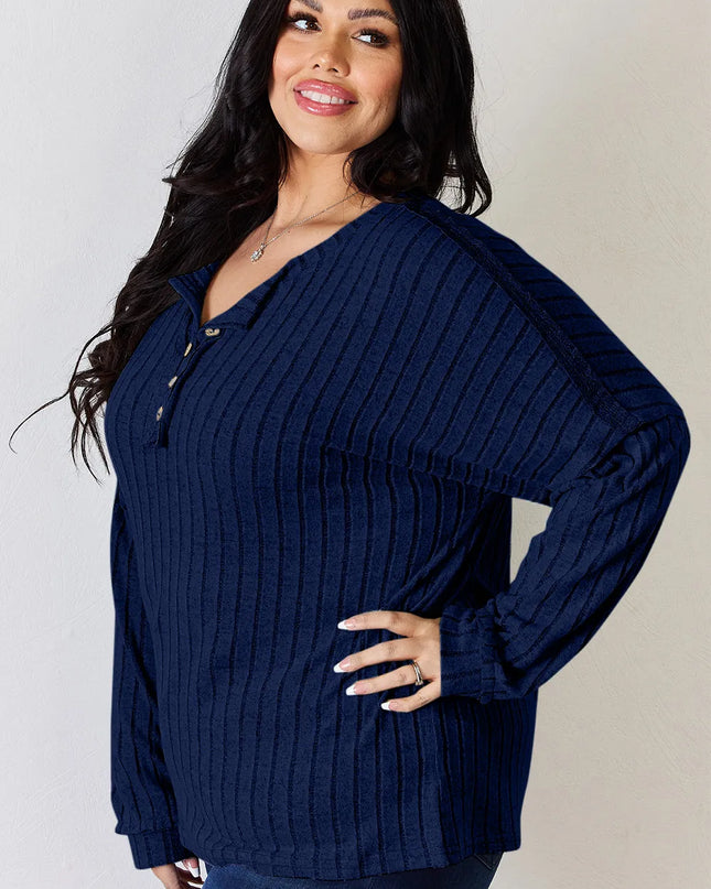 Basic Bae Full Size Ribbed Half Button Long Sleeve T-Shirt - Sleekdenim.com