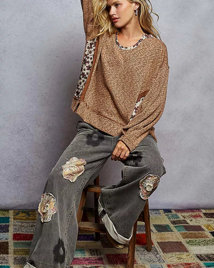 POL Balloon Sleeve Oversized Ribbed Top with Floral Pattern Contrast - Sleekdenim.com