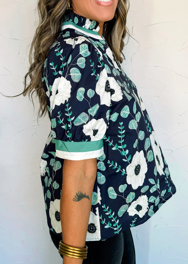 Blue Floral Print Striped Patchwork V Neck Short Sleeve Blouse - Detail View 1