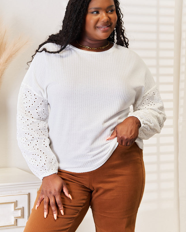 Shiny Eyelet Dropped Shoulder Round Neck Blouse - Sleekdenim.com