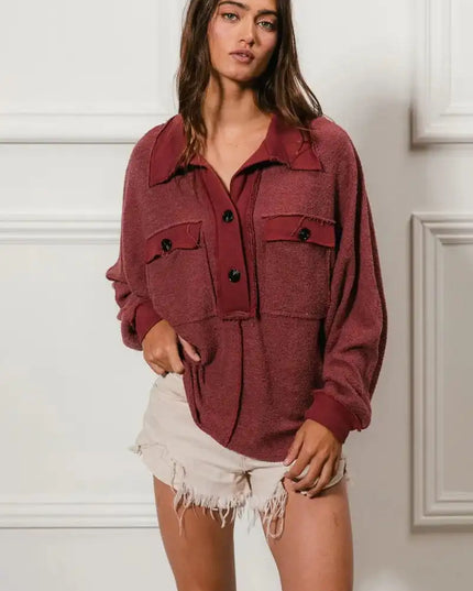 BiBi Cp French Terry Cut Edge Detail Collared Top - Sleekdenim.com