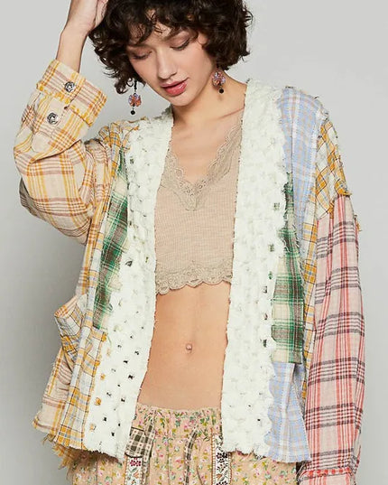 POL Raw Edge Plaid Open Front Cardigan - Sleekdenim.com