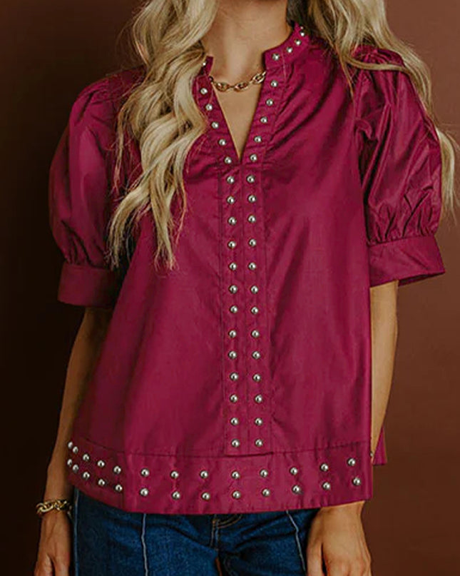 Burgundy Rivet Embellished V Neck Short Puff Sleeve Blouse - Sleekdenim.com