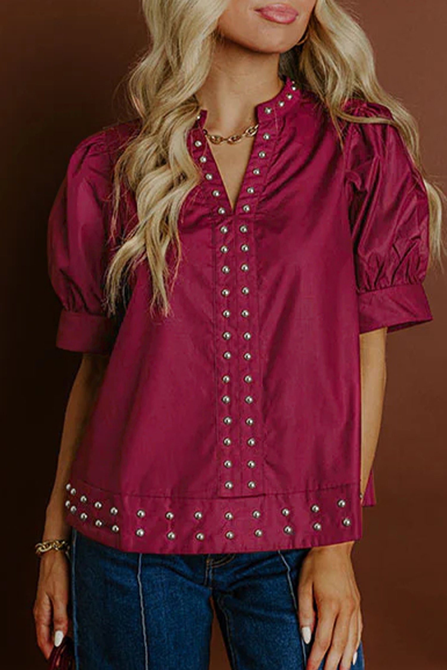 Burgundy Rivet Embellished V Neck Short Puff Sleeve Blouse - Sleekdenim.com