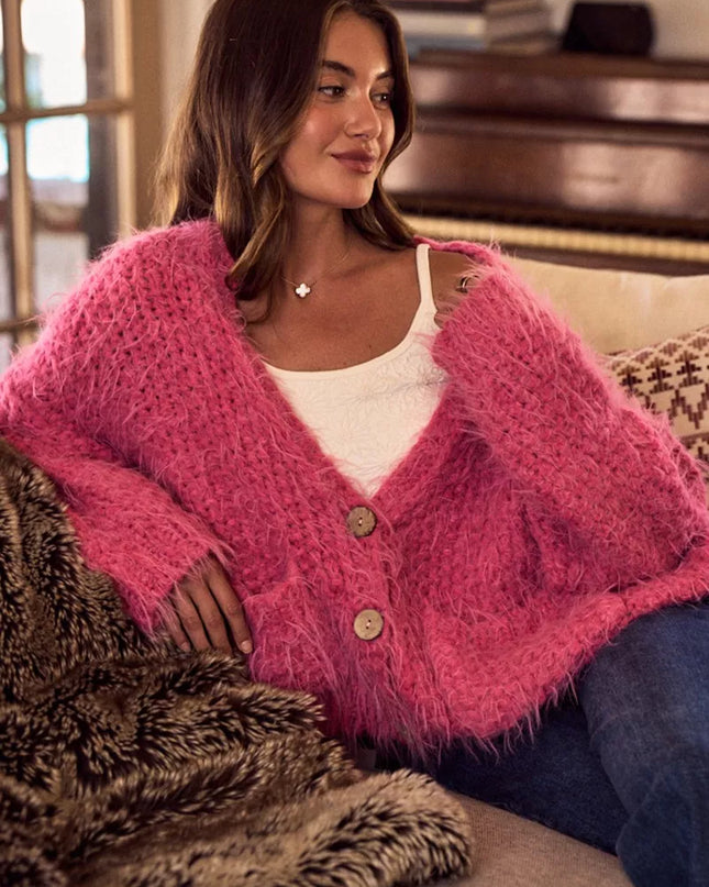 SO ME Soft Touch Hairy Loose Fit Cozy Sweater Cardigan - Sleekdenim.com