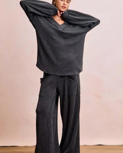 BiBi Two Tone Cord Rib Contrast Stitching V-Neck Top and Pants Set - Sleekdenim.com