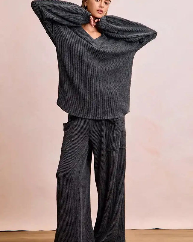 BiBi Two Tone Cord Rib Contrast Stitching V-Neck Top and Pants Set - Sleekdenim.com