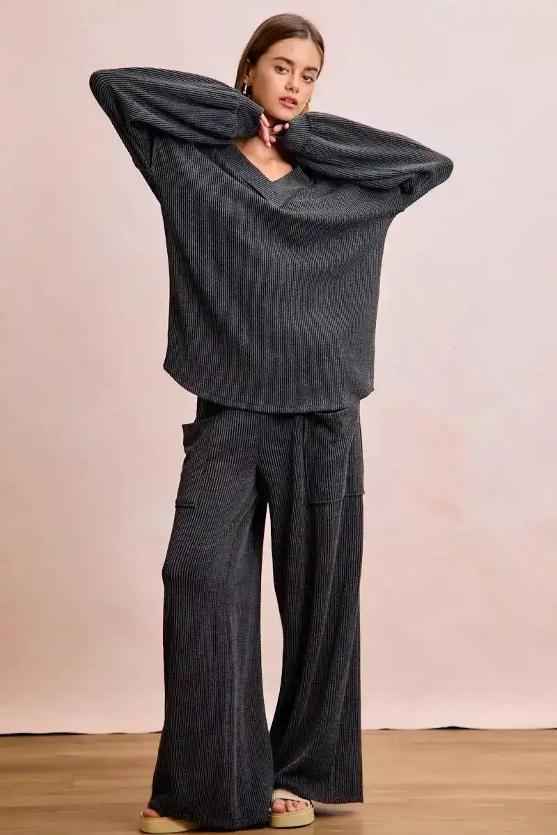 BiBi Two Tone Cord Rib Contrast Stitching V-Neck Top and Pants Set - So Soft & Silky - Sleekdenim.com