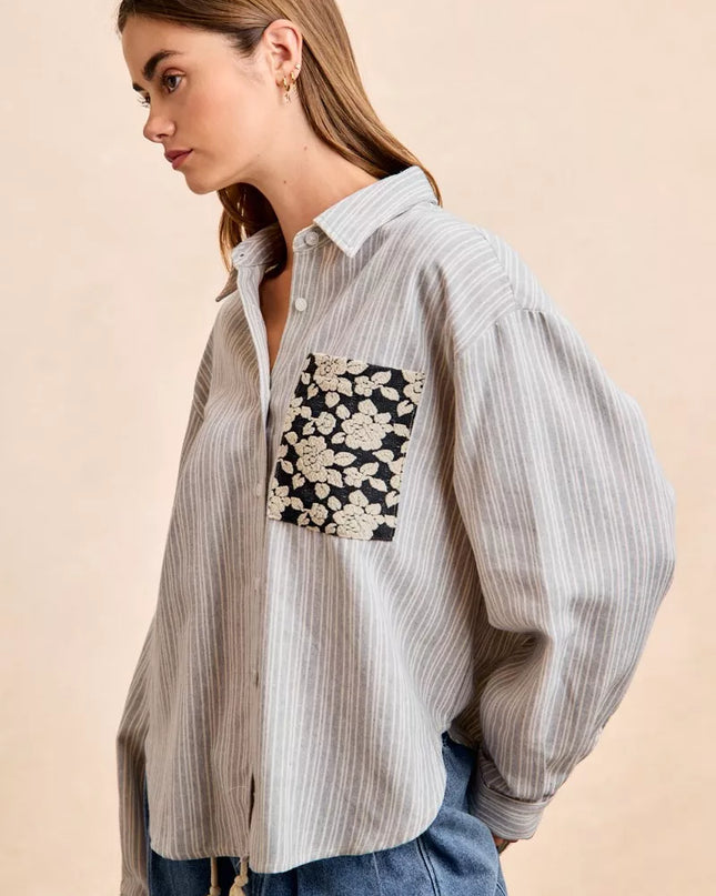 BiBi Flower Jacquard Knit Patch Pocket Stripe Shirt - Sleekdenim.com