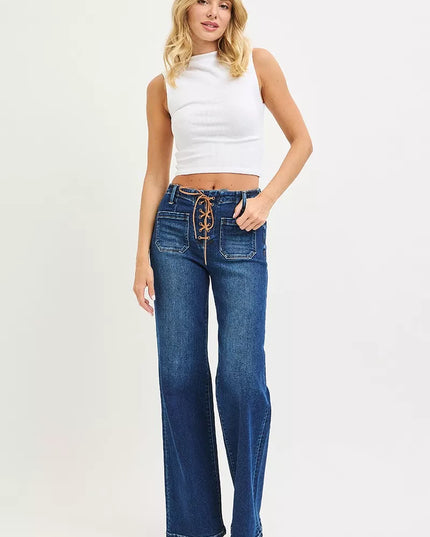 RISEN Full Size High Rise Wide Leg Jeans with Front Tie Detail Plus Size - Sleekdenim.com