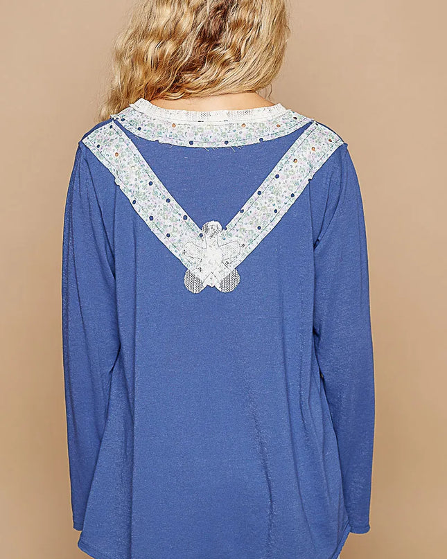 POL Lace Flower Patch Long Sleeve T-Shirt - Sleekdenim.com