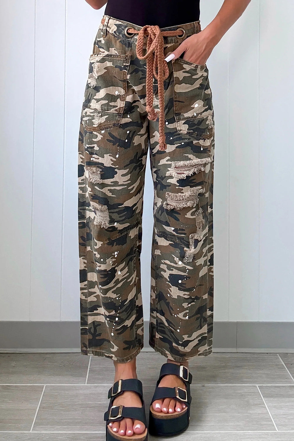 Green Camouflage Print Splashed Distressed Loose Denim Pants - Sleekdenim.com