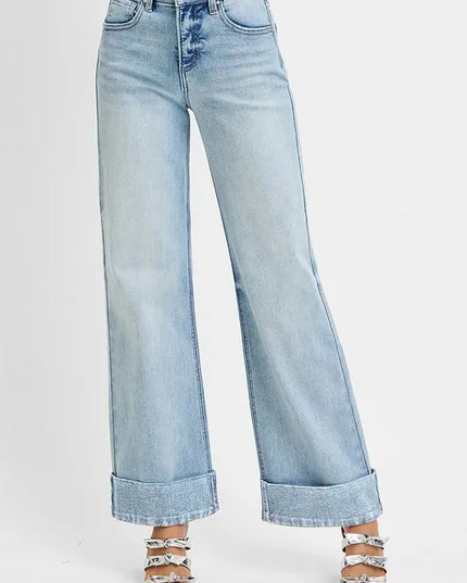 RISEN Full Size Tummy Control High Rise Ankle Wide Cuffed Jeans Plus Size - Sleekdenim.com