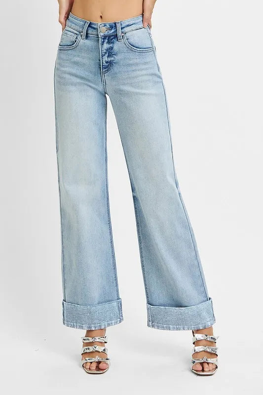 RISEN Full Size Tummy Control High Rise Ankle Wide Cuffed Jeans Plus Size - Sleekdenim.com