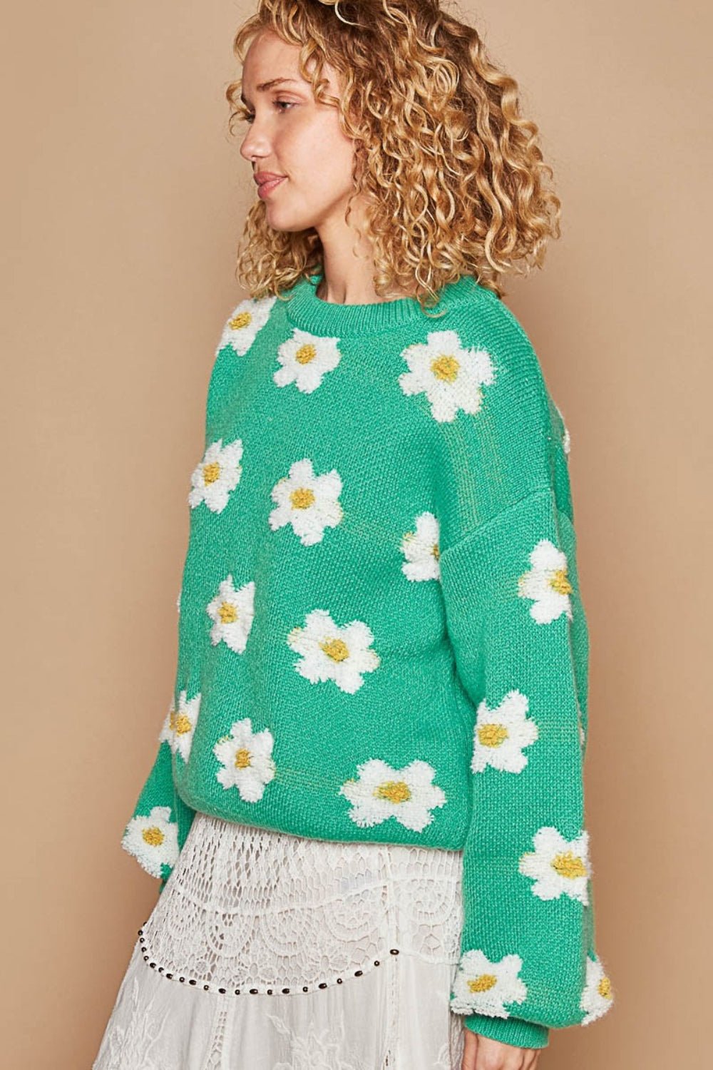 POL Daisy Pattern Drop Shoulder Sweater | Sleekdenim.com