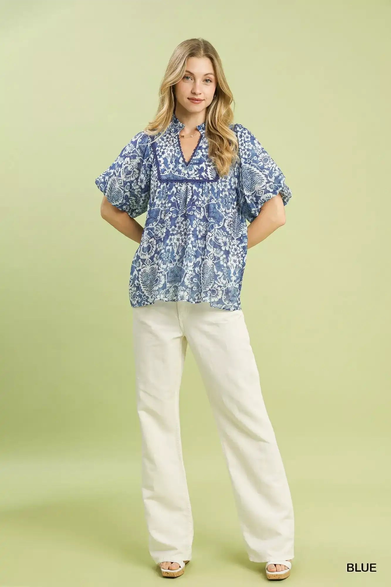 Umgee Abstract Print Ruffled Puff Sleeve Top - Sleekdenim.com