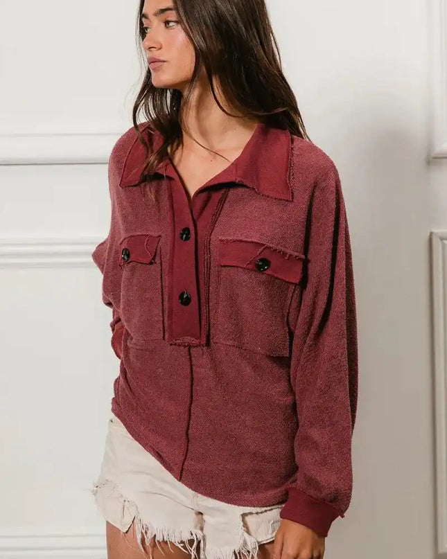 BiBi Cp French Terry Cut Edge Detail Collared Top - Sleekdenim.com