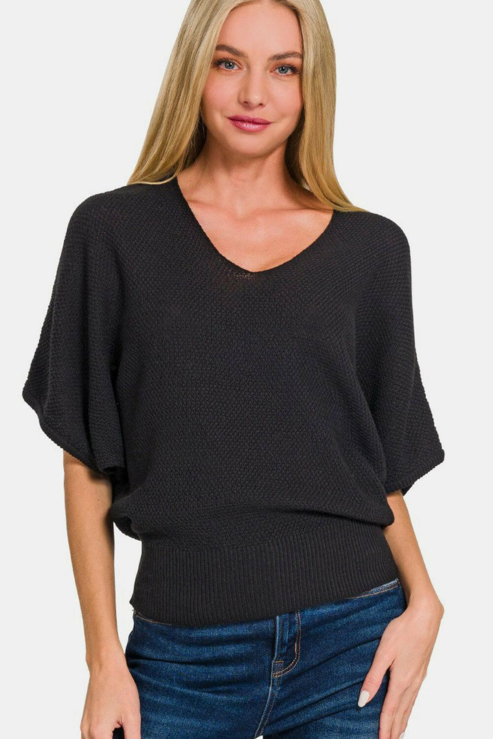 Zenana V-Neck Short Sleeve Dolman Sweater Black