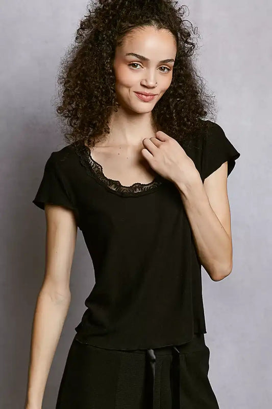 POL Round Neck Short Sleeve Crop T-Shirt with Lace Trim - Sleekdenim.com