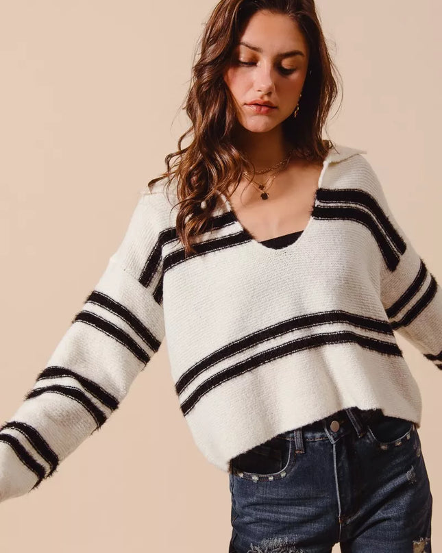 SO ME Fuzzy Hairy Stripe Deep U Neck Sweater - Sleekdenim.com