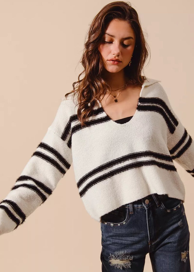 SO ME Fuzzy Hairy Stripe Deep U Neck Sweater - Sleekdenim.com