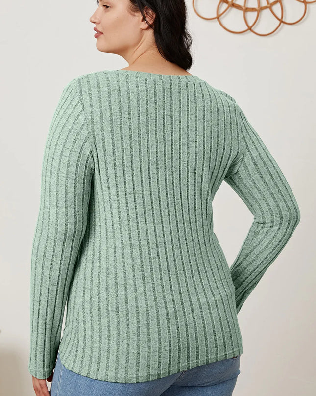 Basic Bae Full Size Ribbed V-Neck Long Sleeve T-Shirt - Sleekdenim.com