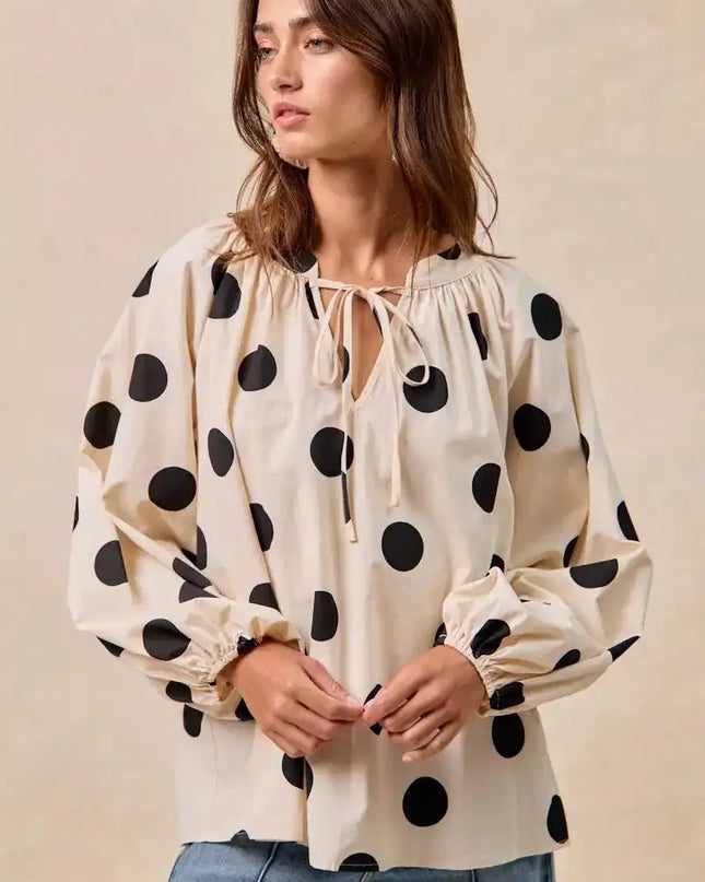 BiBi Polka Dot Exaggerated Balloon Sleeves Blouse - Sleekdenim.com