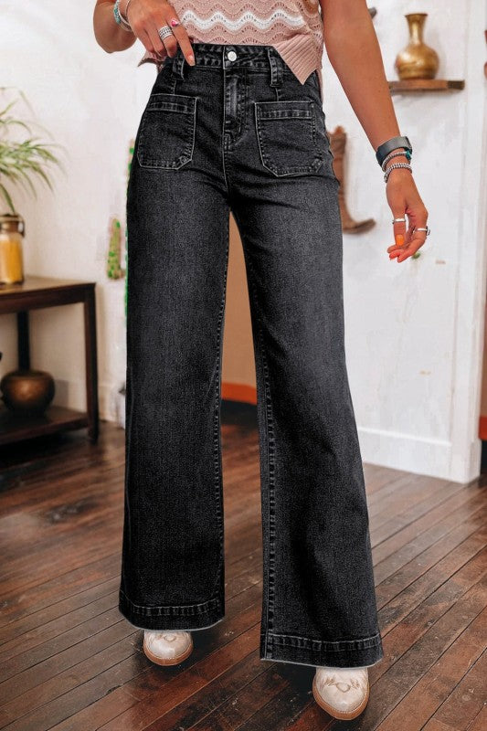 Denim Patch Pocket Wide Leg Jeans - Sleekdenim.com