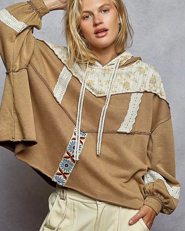 POL Drawstring French Terry Hoodie with Gauze Print Patch - Sleekdenim.com