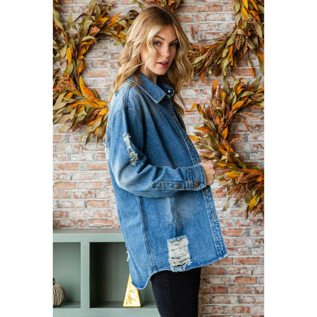 Distressed Denim Shirts Jacket: Medium Wash.