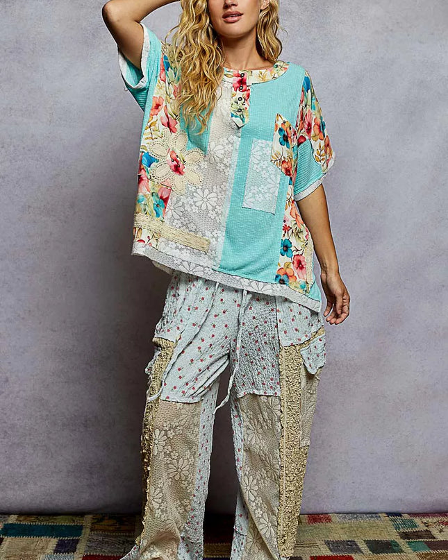 POL Lace Round Neck Short Sleeve Floral Pattern Top with Patch Detail - Sleekdenim.com