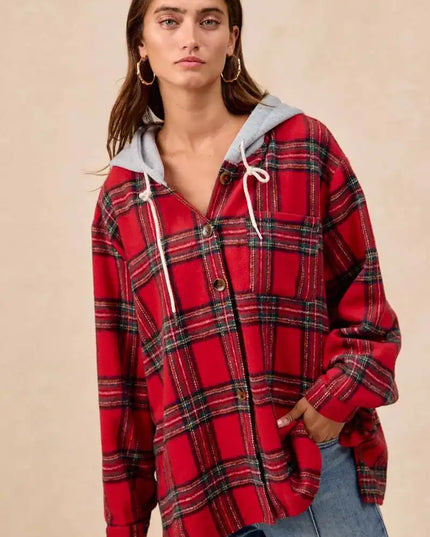 BiBi Brushed Plaid Hooded Jacket - Sleekdenim.com