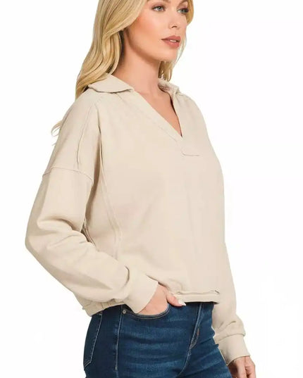 Zenana French Terry Collared Exposed Seam Sweatshirt - Sleekdenim.com