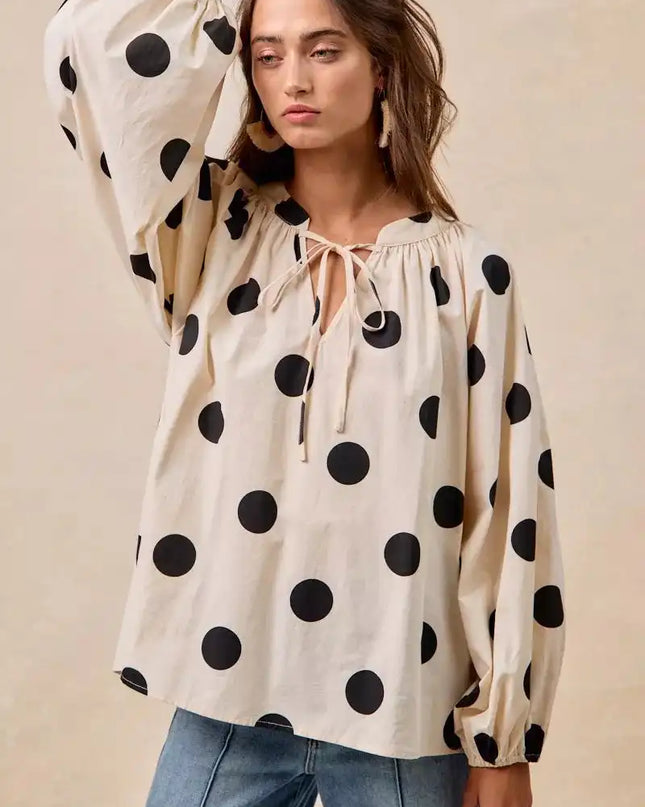 BiBi Polka Dot Exaggerated Balloon Sleeves Blouse - Sleekdenim.com