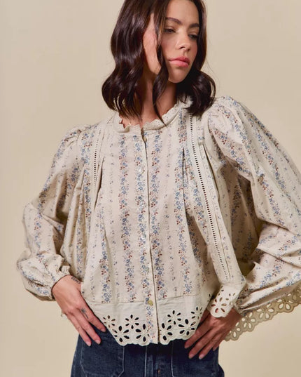 SO ME Floral Print Lace Button Down Shirt - Sleekdenim.com