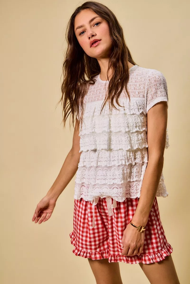SO ME Ruffle Tiered Stretch Lace Short Sleeves Knit Top - Sleekdenim.com