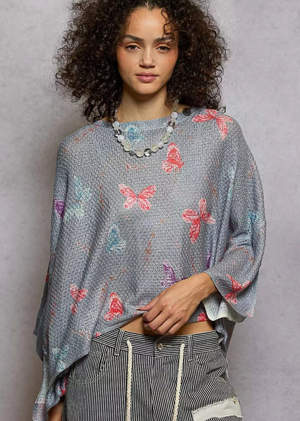 POL Butterflies Pattern Round Neck knit Top with Outseam Rolling Edge - Sleekdenim.com
