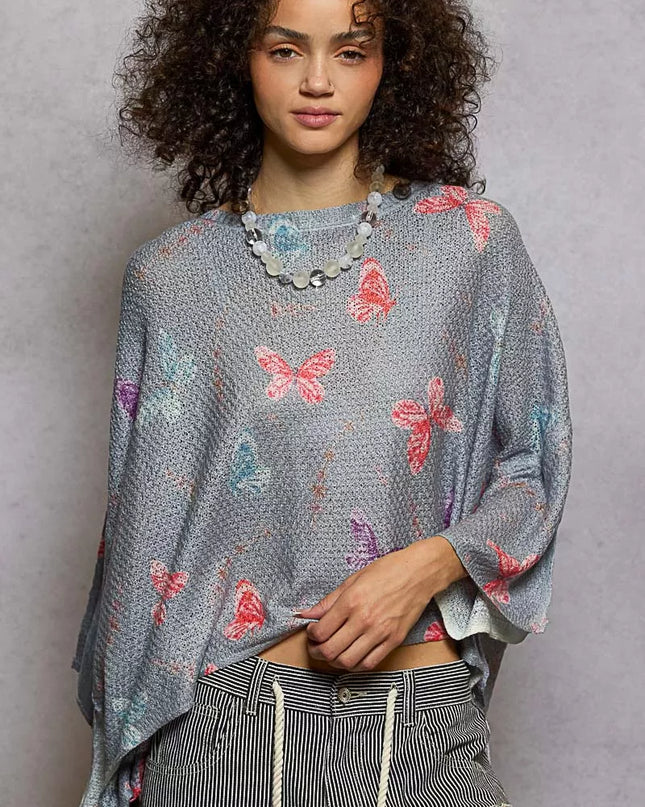 POL Butterflies Pattern Round Neck knit Top with Outseam Rolling Edge - Sleekdenim.com