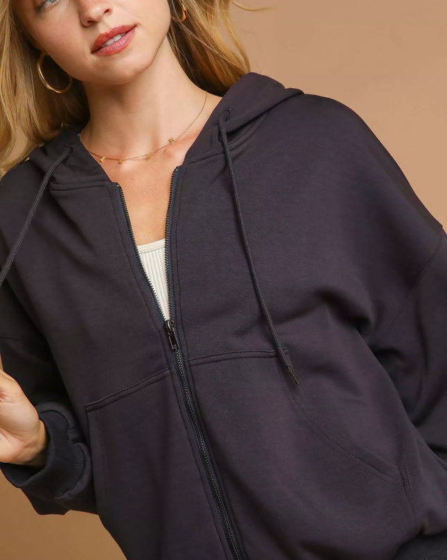 Umgee Zip-Up Fleece Hooded Jacket - Sleekdenim.com