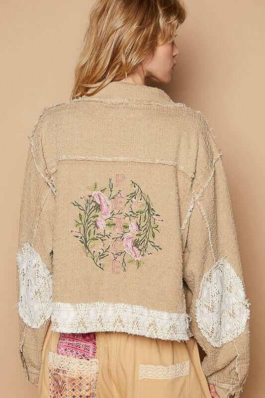 POL Crochet Patch Embroidered Button Up Jacket | Sleekdenim.com