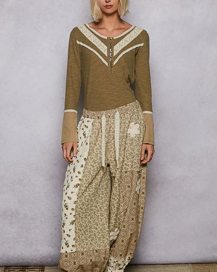 POL Ribbed Half Button Lace Detail Knit Top - Sleekdenim.com