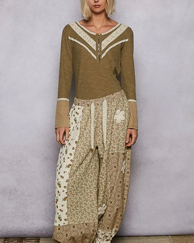 POL Ribbed Half Button Lace Detail Knit Top - Sleekdenim.com