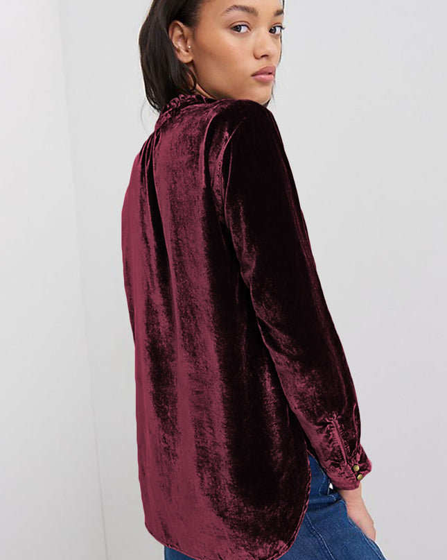 Red Frilled Buttoned V Neck Velvet Blouse