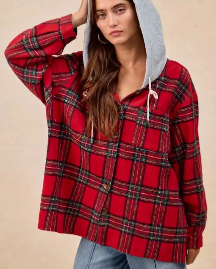 BiBi Brushed Plaid Hooded Jacket - Sleekdenim.com