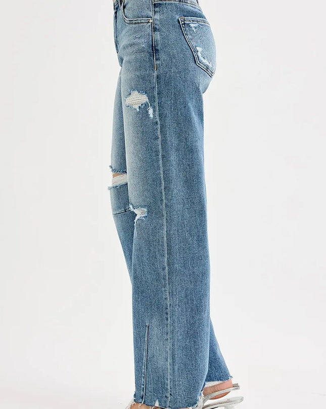 RISEN Full Size Mid Rise Fit Wide Baggy Leg Tie Washed Jeans Plus Size - Sleekdenim.com