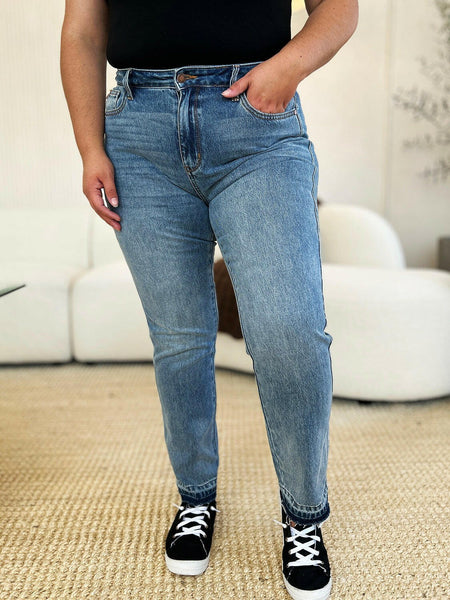 Judy Blue Full Size Mid Rise Rigid Magic Boyfriend Release Hem Jeans | Sleekdenim.com